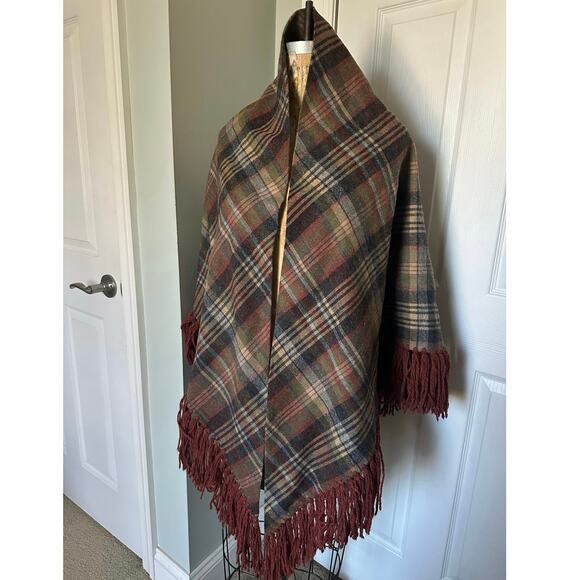 Vintage Plaid Wool Shaw Fringe Triangle brown rust gray olive green 82”x82” - Picture 1 of 16